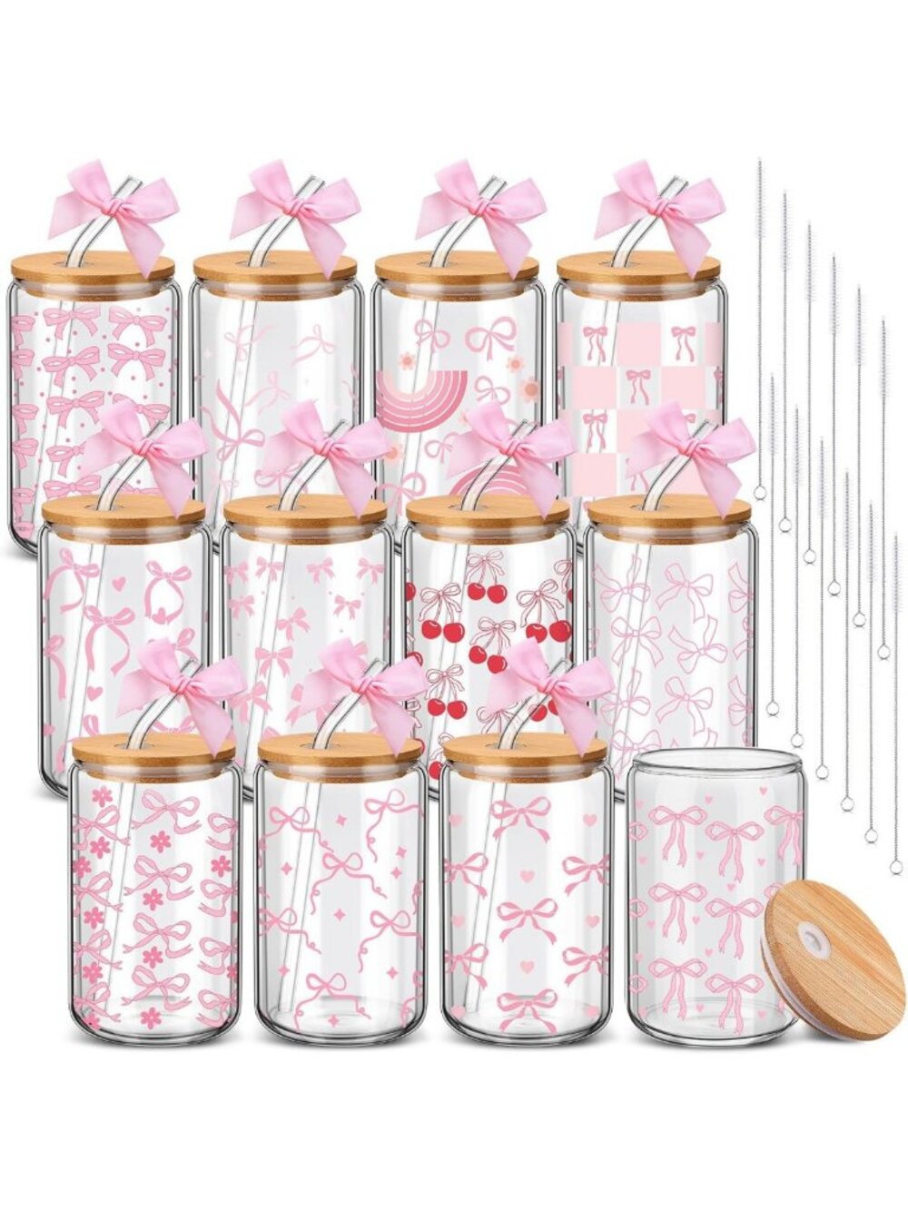 12 Pack Pink Bow Glass Cups with Lids & Straws - 16 oz Drinkware Set